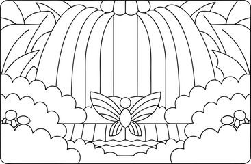 A stylized butterfly rests peacefully before a large waterfall in a minimalist line art