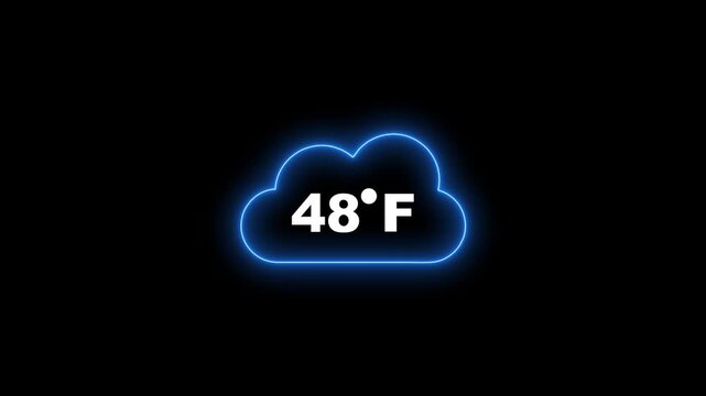 Neon blue cloud icon showing 48 degrees Fahrenheit temperature on black background weather forecast