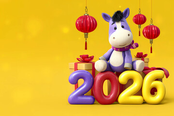 Fototapeta premium Chinese New Year 2026 background, year of the horse with 3d horse, lampion and yellow background. empty space, card