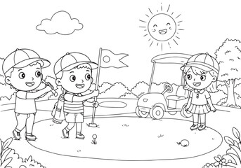 Golf course with boy and girl golfers outline illustration for coloring page. National Golf Day