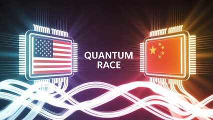 Quantum Race: A vibrant illustration depicts the technological battle between the United States and China in the realm of quantum computing, visualized through interconnected circuitry and flags. - Powered by Adobe