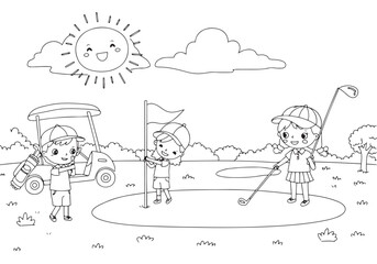 Golf course with boy and girl golfers outline illustration for coloring page. National Golf Day