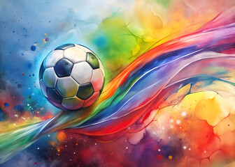 Soccer ball on a colorful abstract ribbon of light and paint splashes football