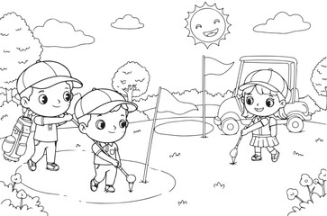 Golf course with boy and girl golfers outline illustration for coloring page. National Golf Day
