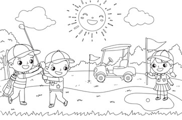 Golf course with boy and girl golfers outline illustration for coloring page. National Golf Day