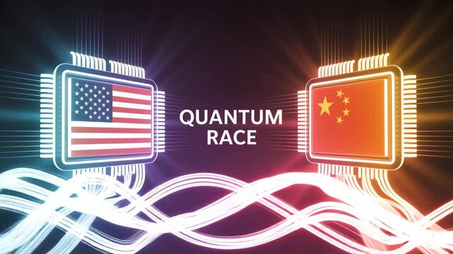 Quantum Race: A vibrant illustration depicts the technological battle between the United States and China in the realm of quantum computing, visualized through interconnected circuitry and flags.