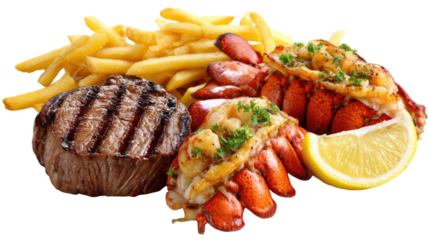Grilled steak, Lobster tail, and fries: an appetizing culinary photograph that spotlights a beautifully grilled steak and succulent lobster tail, accompanied by golden french fries.