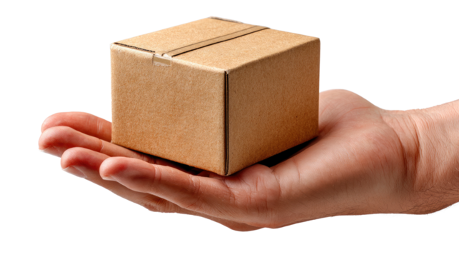 Package in Hand: A neutral-toned box, symbolizing delivery or a gift, rests gently in the palm of a hand, hinting at the careful conveyance of something precious.