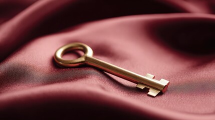 Elegant Vintage Key Laying on Rich Burgundy Silk Fabric, Symbolizing Unlocking Secrets and Hidden Treasures