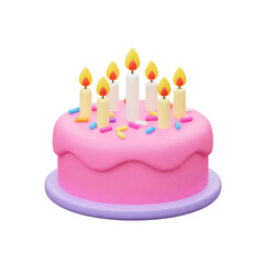 Pink birthday cake icon with lit candles