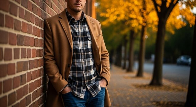 Stylish man in a casual brown coat and flannel shirt standing against a brick wall on an autumn city street for seasonal fashion concepts