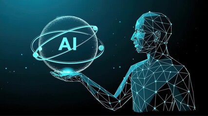 AI's Symbolic Human: A futuristic, graphic representation of an AI concept, showing a wireframe human figure cradling a luminous AI sphere in its hand, set against a technological-style backdrop. - Powered by Adobe