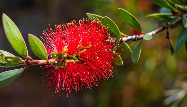 Close-up of a vibrant red bottlebrush flower, showcasing its delicate, fine-textured petals against a blurred background of green foliage.