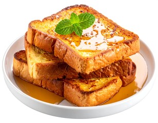 Stack of golden brown french toast slices drizzled with syrup