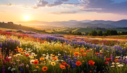 Fototapeta premium A vibrant landscape of wildflowers blankets rolling hills at sunrise, showcasing a profusion of colors and a serene atmosphere.