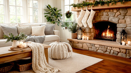 fireplace in the living room decorates Christmas tree. Christmas holiday