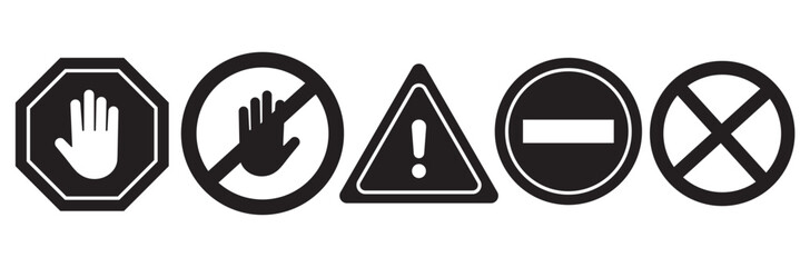 Set of red warning and prohibition signs. Includes stop, hand, danger, no entry, traffic light, and barrier icons. Flat vector style for safety, traffic, construction, or alert use. icons, vector.