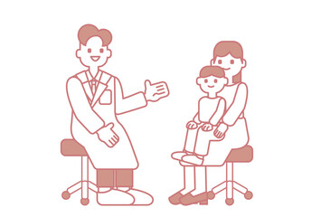 医師の診察を受ける親子のシンプルなイラスト