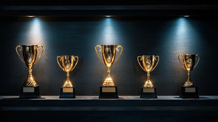 Gleaming Golden Trophies Showcased on a Dark Wooden Shelf with Soft Lighting for Award Celebrations and Achievements