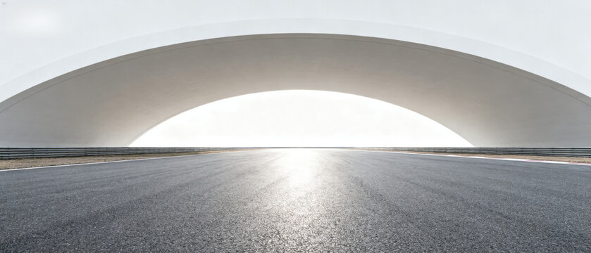 A modern architectural bridge with a smooth road surface, featuring bright light creating a striking reflection on the road.