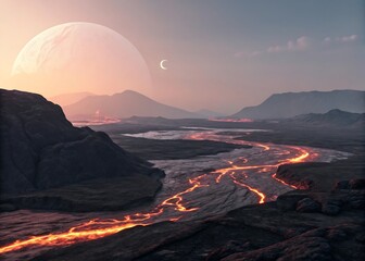 minimal alien volcanic terrain glowing lava river
