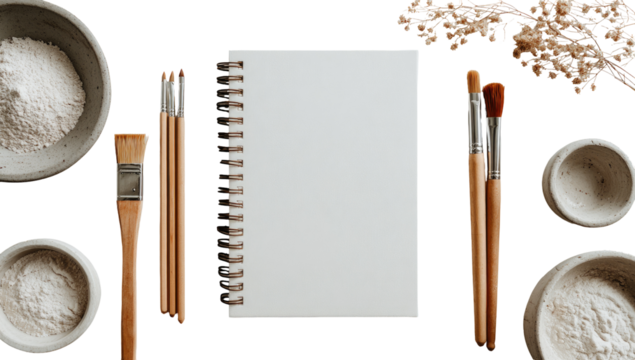 Flat lay of art supplies, bowls, and powder