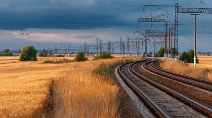 Fototapeta premium Serene Landscape of Train Tracks Curving Through Golden Wheat Fields Under a Dramatic Sky