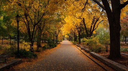 Obraz premium Serene Autumn Pathway Surrounded by Vibrant Yellow Leaves in a Tranquil Park Setting