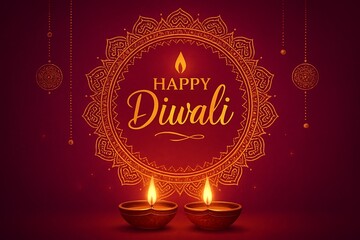 Happy diwali celebration with lit diyas and ornate mandala design
