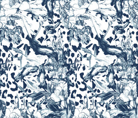 Seamless pattern of abstract watercolor tropical florals. animal print texture. textile prints, swimwear, activewear,  polo tees, wallpapers, home decor, and contemporary surface design.