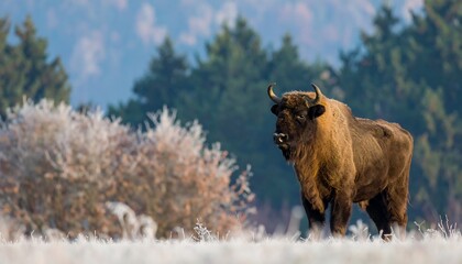 European bison in a frosty landscape