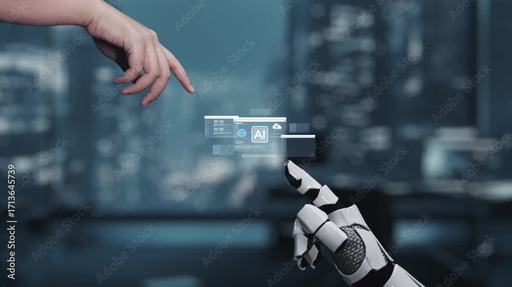 Wall mural a visually striking representation of artificial intelligence featuring a robotic hand and digital i