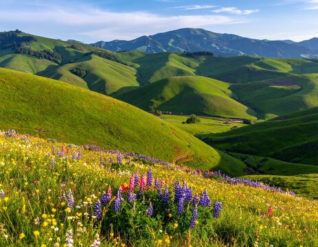 Vibrant wildflowers bloom across rolling green hills under a bright blue sky.