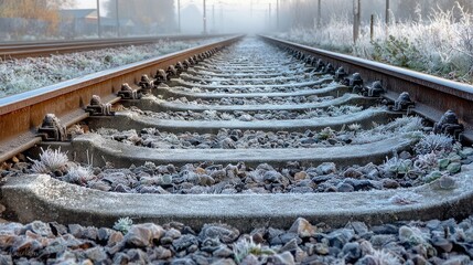 Frost-Covered Railway Tracks in Misty Winter Landscape with Abundant Morning Light