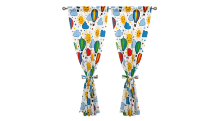 Cartoon curtains with colorful hot air balloons, clouds and sun isolated PNG with Transparent Background