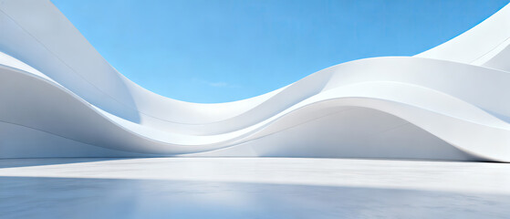 Showcases smooth and curved white architectural forms against a clear blue sky, highlighting modern design and aesthetic appeal.