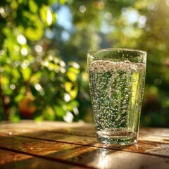 Glass of sparkling water on a wooden table, out of focus garden background