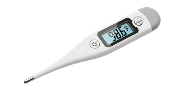 Digital thermometer displaying 98.6 degrees Fahrenheit isolated PNG with Transparent Background