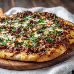 Round pizza with browned meat and melted cheese