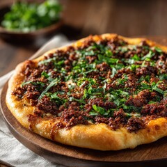 Close-up of a savory, round flatbread pizza topped with spiced ground meat and fresh herbs