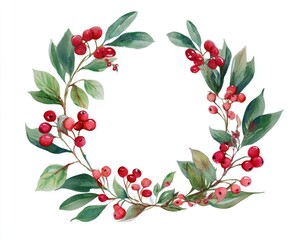 Circular wreath of red berries and green leaves