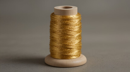 A spool of metallic gold sewing thread neatly wrapped around a wooden base, used for crafts, embroidery, and design.