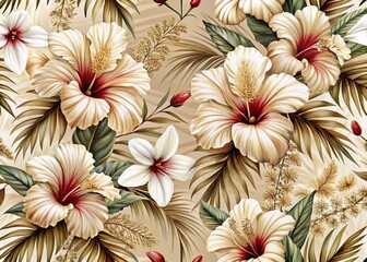 Fototapeta premium Elegant Hibiscus Flower Pattern with Tropical Leaves for Textile and Wallpaper Design
