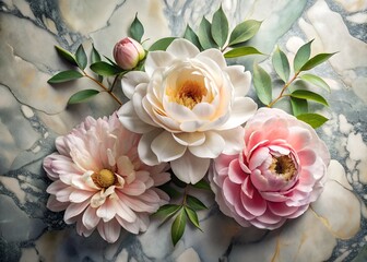 Elegant floral arrangement featuring roses and dahlia on a marble background