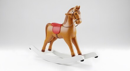 Wooden toy horse isolated on white background. Classic children's toy symbolizing playtime, imagination, and childhood.
