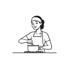 Black and White Vector Illustration of a Smiling Woman Cooking in Kitchen with Apron and Headband