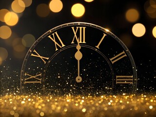 happy new year cards. Antique clock face with Roman numerals and golden bokeh lights for New Year's Eve celebration time midnight