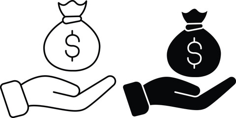 Hand Holding Money Bag Icon – Outline and Solid Finance silhouette Vector Symbols..eps