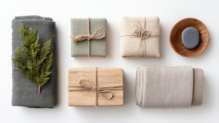 Neutral colored linens and wrapped gifts arranged on a clean surface with a small decorative stone and greenery