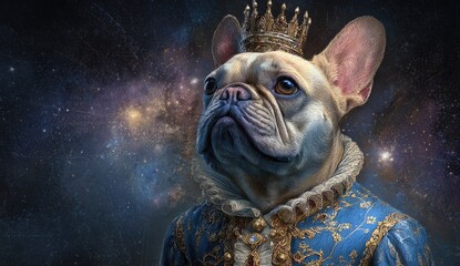 French Bulldog king in royal garb, space background